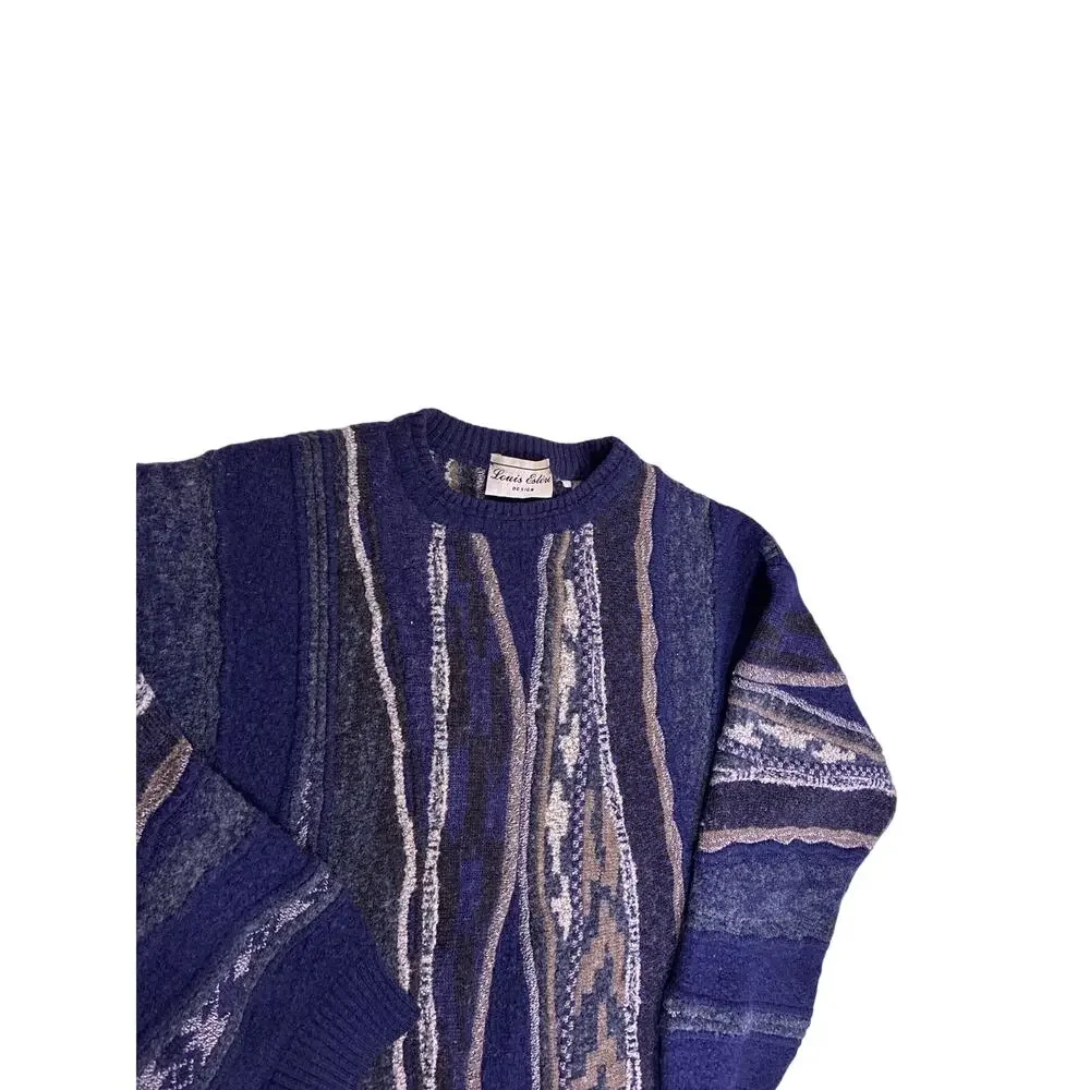 90s Coogi Style 3D Cable Knit Sweater Blue Grey Aztec Womens Medium Wool - Picture 2 of 5